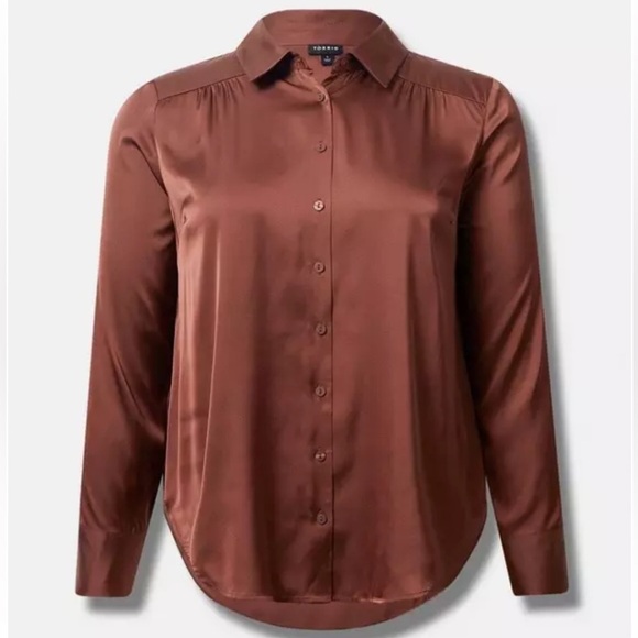 Torrid Madison Satin Button Up Long Sleeve Shirt Root Beer Brown Size 4 S1 - Picture 1 of 8